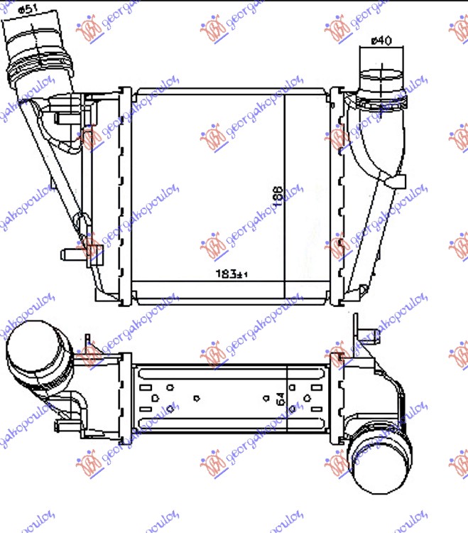 Radiator intercooler 1.5 DCi diesel (188x183x64) DOUBLE QUICK FIT