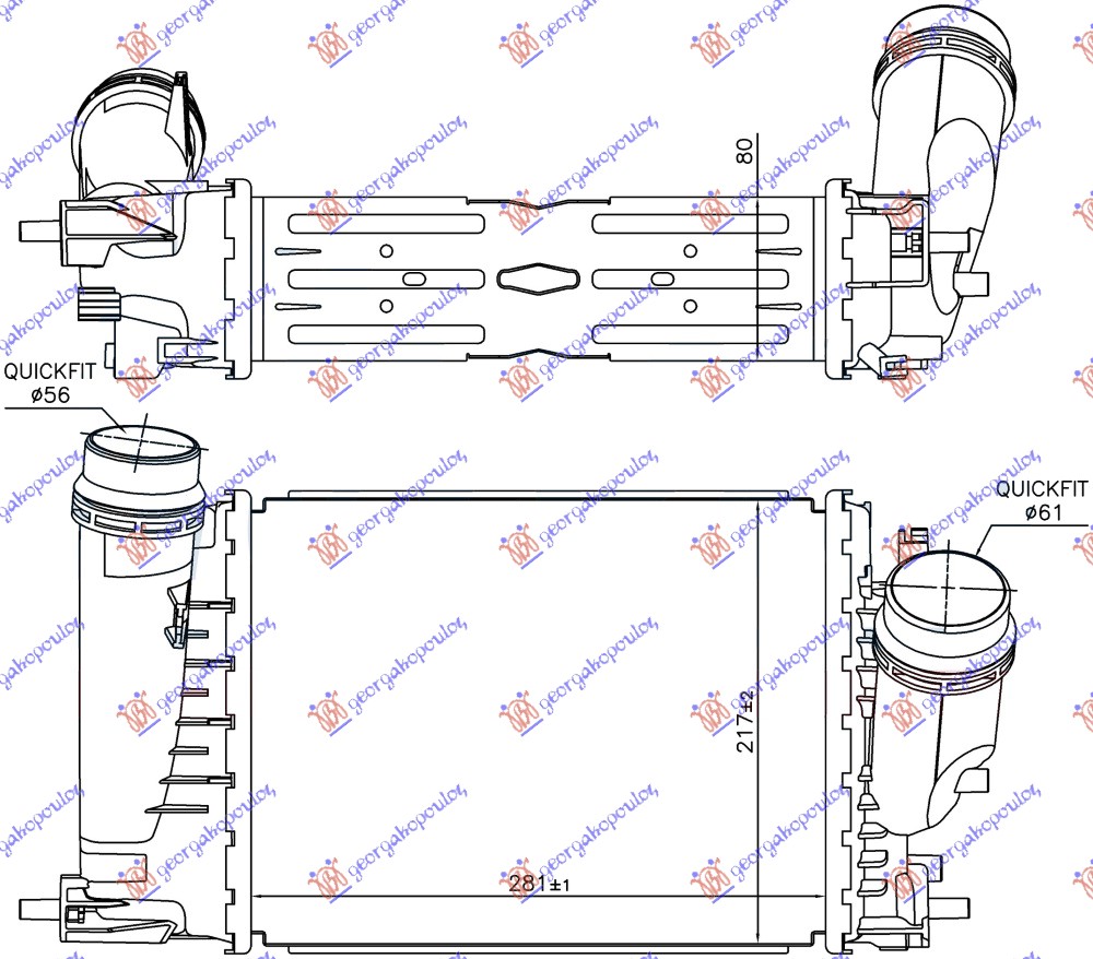 Radiator intercooler 1.6-1.8 TCE petrol -1.6 DCI diesel auto (281x217x80)
